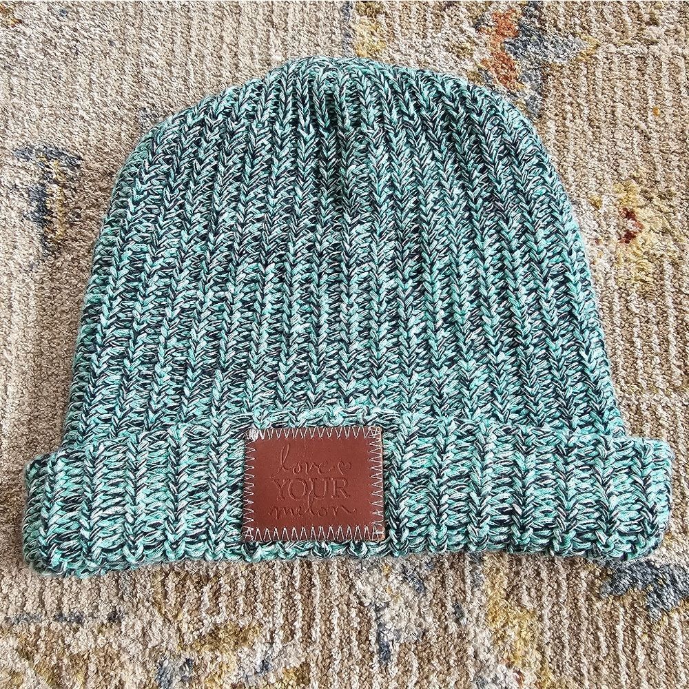 Love Your Melon Beanie With Brown Leather Patch, Like New! Teal, Black, & White